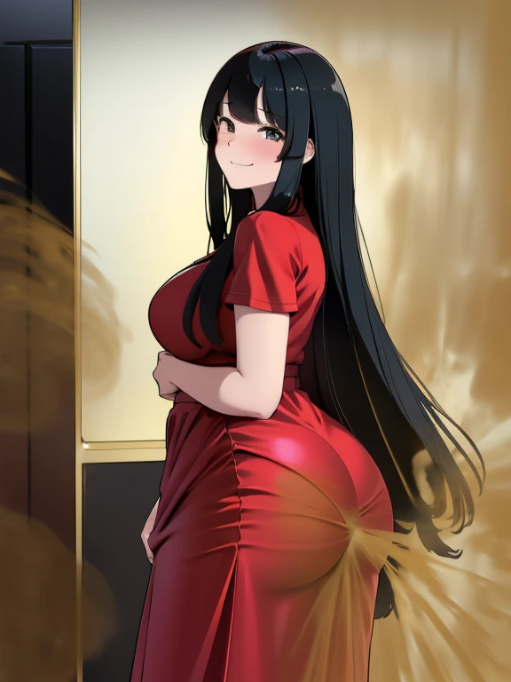 HD, high quality, high resolution, ultrahd, solo, 1female, wearing red dress, long skirt, long hair, bangs, side swept bangs, black hair, very tall body, thin body, massive fart, yellow smoke, velocity, viewing ass, embarrassed, smiling, clenching teeth, alone at mall, beautiful lighting, highlights