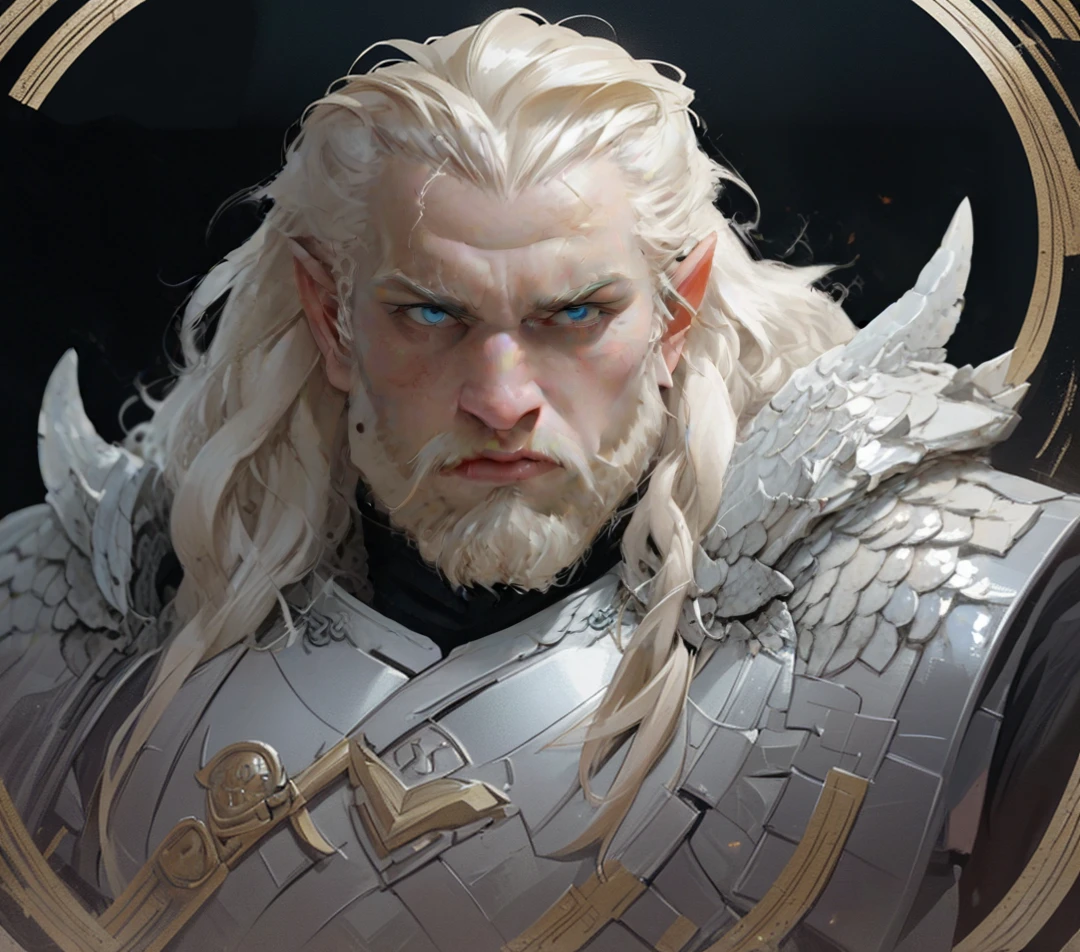 highly detailed portrait of a male dwarf warrior, charismatic and handsome face, face inspiring kindness, long flowing blonde hair and long thick beard,muscular build,wearing heavy white scale armor, epic fantasy scene,dramatic lighting,intricate armor details,