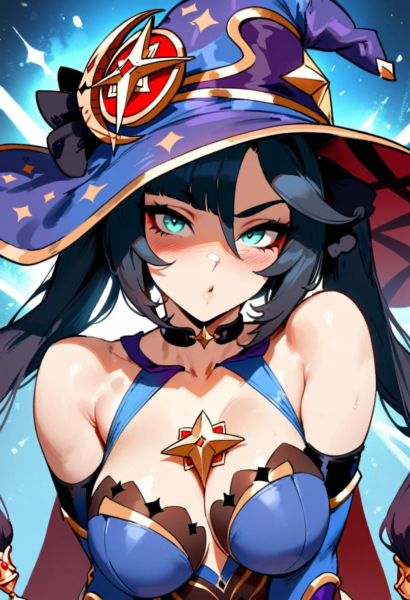 1girl, mona \(genshin impact\), genshin impact \\\\\ masterpiece, best quality, very aesthetic, absurdres, newest \\\\\\ slim body,///// ,by nyantcha,cutesexyrobutts , by khyle,,////// ,,solo,, , ,,detailed face, , ,, , , wallpaper, , beautiful face, sexy, , blush, , space background, big tits, hat, portrait