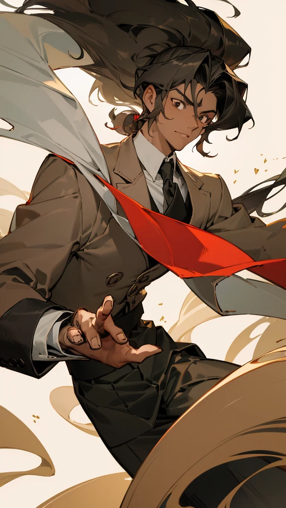 vintage style image, masterpiece showing a male character with dark skin and dark teas, with brown eyes with crystalline tones, medium long wavy hair styled in a ponytail and bangs cut like a curtain, with a slight similarity to Muzan kibutsuji from Demon Slayer, with an artistic style similar to that of slam dunk, with classic semi-formal attire in neutral tones as predominant and red as secondary color