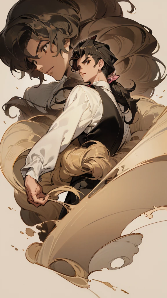 vintage style image, masterpiece showing a male character with dark skin and dark teas, with brown eyes with crystalline tones, medium long wavy hair styled in a ponytail and bangs cut like a curtain, with a slight similarity to Muzan kibutsuji from Demon Slayer, with an artistic style similar to that of slam dunk, with classic semi-formal attire in neutral tones as predominant and red as secondary color