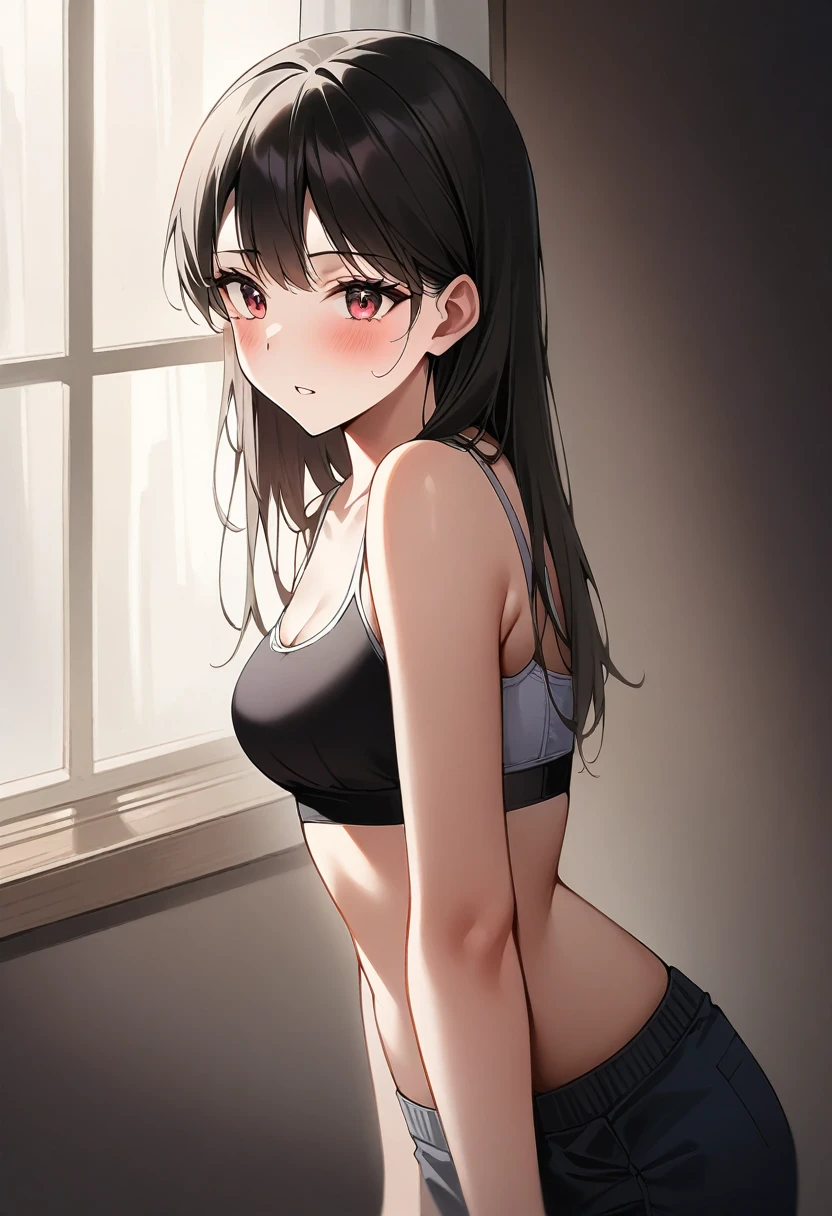 ultra Realistic photo, ((21-year-old girl wearing a training bra)), Dean Wo, (Small waist), One girl, blush, masterpiece, 最high quality, absurdes, Award-winning photograph, Attention to detail, Very complicated,, Detailed face + eye, Natural light, Realistic, Very detailed, photograph, masterpiece, high quality, high quality, High resolution, sexy, Lovely, Detailed face, whole body, Beautiful Face, Open black shirt, It gives me goosebumps, 1 only, One girl, full body,