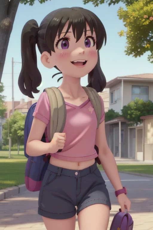 best quality, masterpiece, highres, solo, {kuraue_hinata_encouragementofclimb:1.15}, black_hair, blush, purple_eyes, twintails, bangs, closed_mouth, outdoors, hair_between_eyes, 1girl, bra, tight panties, collarbone, open_mouth, backpack, bag, short_sleeves, day, looking_at_viewer, smile, star_\(symbol\), :d