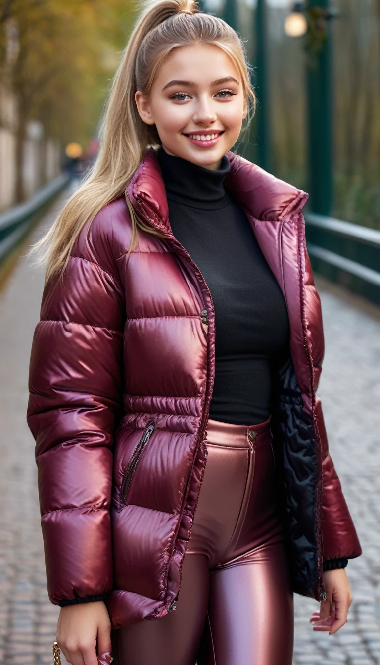 ultrarealistic high quality full body photo of a beautiful busty slim european 18-year-old woman with cute hyperdetailed shy face and natural blonde straight long ponytail and shy smile , realistic round hazel eyes, natural lips, light makeup, wearing shiny metallic burgundy puffer coat and leather pants, hourglass body, outdoor photography, tanned, nsfw
