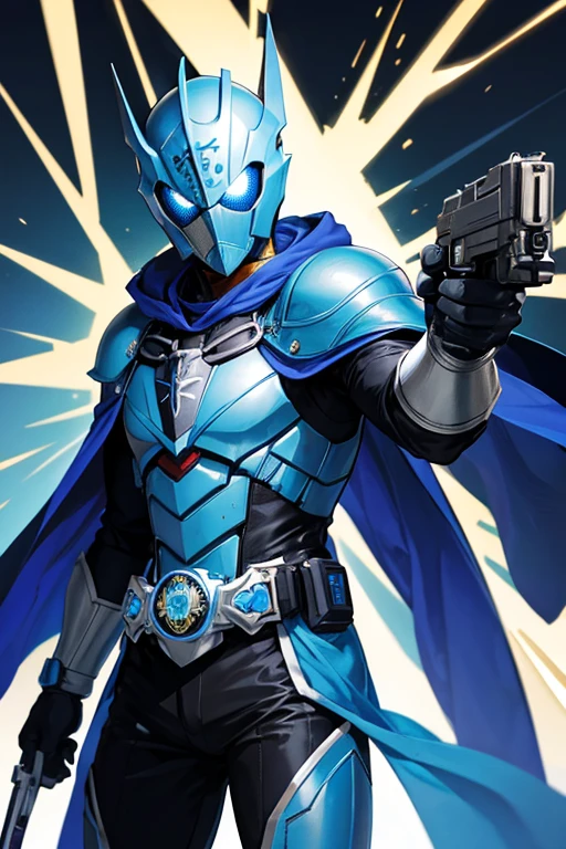 holding_handgun,knight,Blue Cape, Kamen Rider Style,