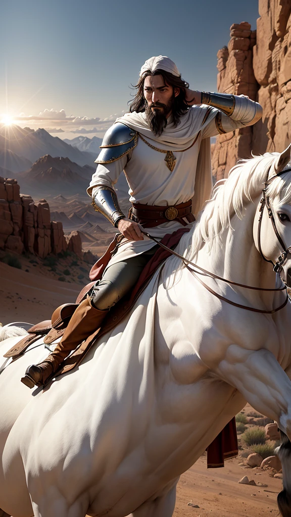 Description: Saul, vestido con una roman tunic and armor, falls from his horse blinded by a bright light. Jesus, with a white robe and a halo of light, appears in the sky.
* Era: 1st century AD.c.
* outfit: Saul: roman tunic and armor; Jesus: white tunic and halo of light.
* Place: camino desértico
* Action: Saul cae del caballo, blinded by the light. Jesus appears in the sky.
* bottom: Desert landscape with mountains in the background.
* Plan type: plano general
* Style: hyper-realistic, photo realism, cinematography