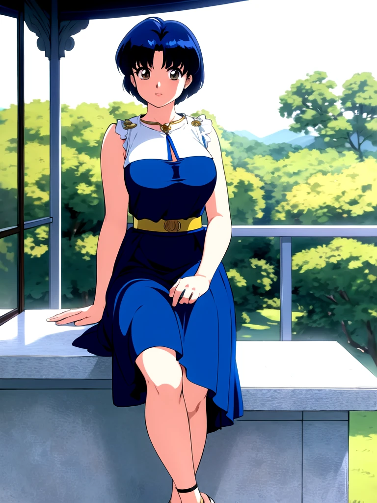 HDR, CG, sharp focus, (8k), (4k), masterpiece, best quality, detailed skin, extremely detailed, hiper detailed,  sharp focus, looking at viewer, high quality,  AKANE, Akane tendou, short hair, blue hair, brown eyes ,curtain pelvic DRESS,  tetas grandes bush, solo, 1girl, sit on bench, park background, hands on chest, heels,  white dress,
