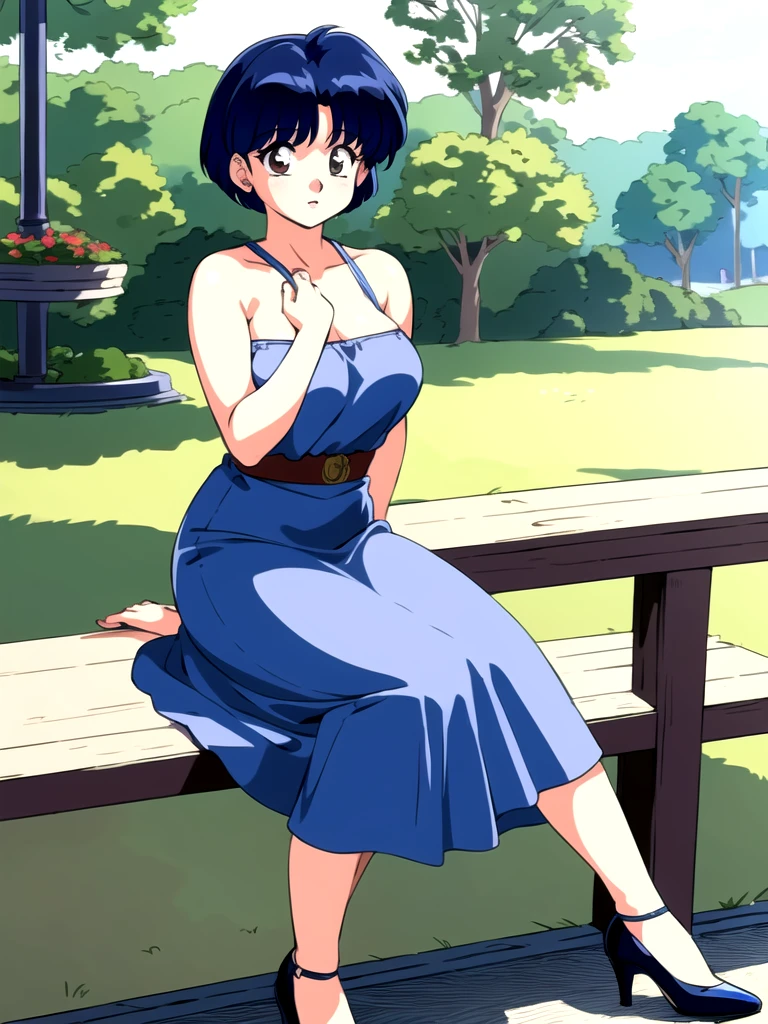HDR, CG, sharp focus, (8k), (4k), masterpiece, best quality, detailed skin, extremely detailed, hiper detailed,  sharp focus, looking at viewer, high quality,  AKANE, Akane tendou, short hair, blue hair, brown eyes ,curtain pelvic DRESS,  tetas grandes bush, solo, 1girl, sit on bench, park background, hands on chest, heels,  white dress,

