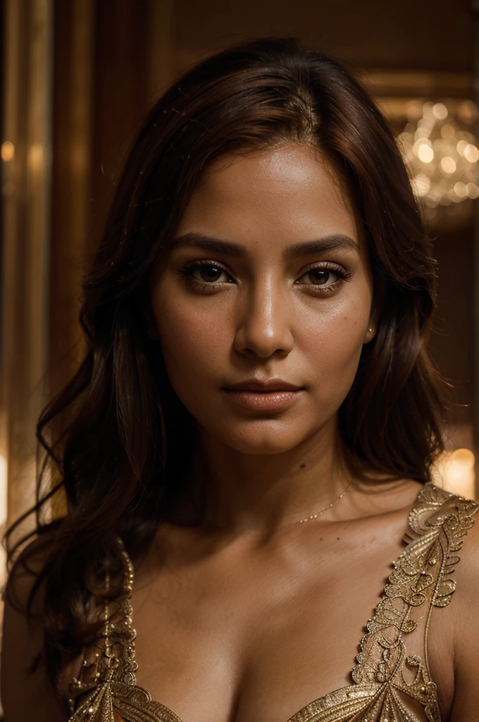 a beautiful 40 year old peruvian woman, clear skin, brown eyes, red hair, high-quality, extremely detailed face and portrait, realistic, photorealistic, cinematic lighting, warm colors, 4k, 8k, detailed facial features, intricate hairstyle, elegant expression, confident pose, serene expression, looking directly at camera, hands elegantly at sides, upper body shot, dynamic composition, dramatic chiaroscuro lighting, warm skin tones, glowing highlights, lush textures, ornate jewelry, luxurious clothing, atmospheric background, cinematic depth of field, award-winning digital art