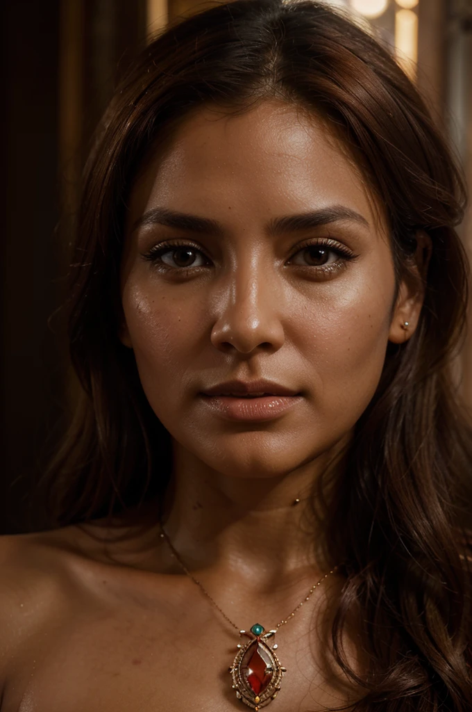 a beautiful 40 year old peruvian woman, clear skin, brown eyes, red hair, high-quality, extremely detailed face and portrait, realistic, photorealistic, cinematic lighting, warm colors, 4k, 8k, detailed facial features, intricate hairstyle, elegant expression, confident pose, serene expression, looking directly at camera, hands elegantly at sides, upper body shot, dynamic composition, dramatic chiaroscuro lighting, warm skin tones, glowing highlights, lush textures, ornate jewelry, luxurious clothing, atmospheric background, cinematic depth of field, award-winning digital art