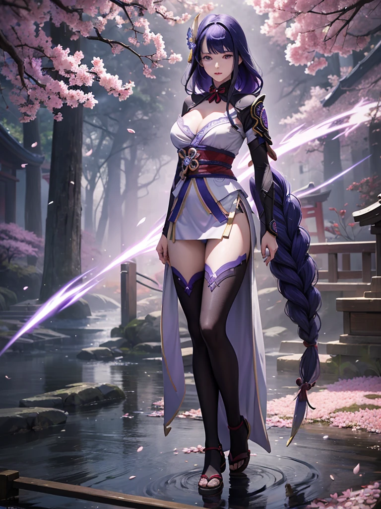 ((Full body image:1.4))Japanese Shrines, (Highest quality,Realistic,masterpiece:1.2,8k wallpaper:1.2),((Pale skin)),One Girl,women only,((raidenshogndef))((Genshin Impact,General Raiden)),Lightning Particles,Purple Lightning,Light background,cherry blossoms,Purple Theme,Delicate facial features,Sexy and beautiful anime girls,General Raiden,Long purple hair,Rosy lips,Anime Mouth,(Very sad face),large breasts, Beautiful cleavage