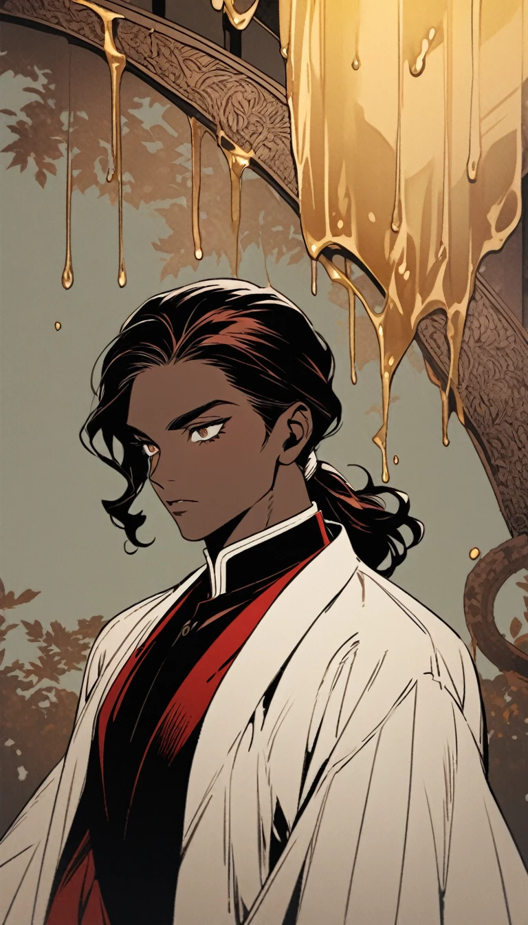vintage style image, masterpiece showing a male character with dark skin and dark teas, with brown eyes with crystalline tones similar to honey, long wavy hair styled in a ponytail and curtain-cut bangs, with a slight similarity to Muzan kibutsuji from Demon slayer, with an artistic style similar to that of slam dunk, with classic semi-formal clothing in neutral tones as predominant and red as a secondary color,