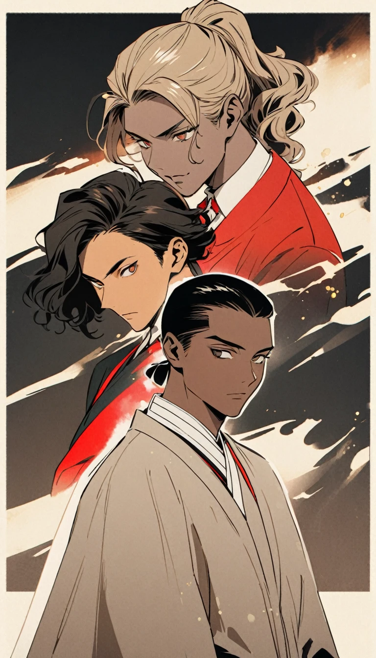 vintage style image, masterpiece showing a male character with dark skin and dark teas, with brown eyes with crystalline tones similar to honey, long wavy hair styled in a ponytail and curtain-cut bangs, with a slight similarity to Muzan kibutsuji from Demon slayer, with an artistic style similar to that of slam dunk, with classic semi-formal clothing in neutral tones as predominant and red as a secondary color,