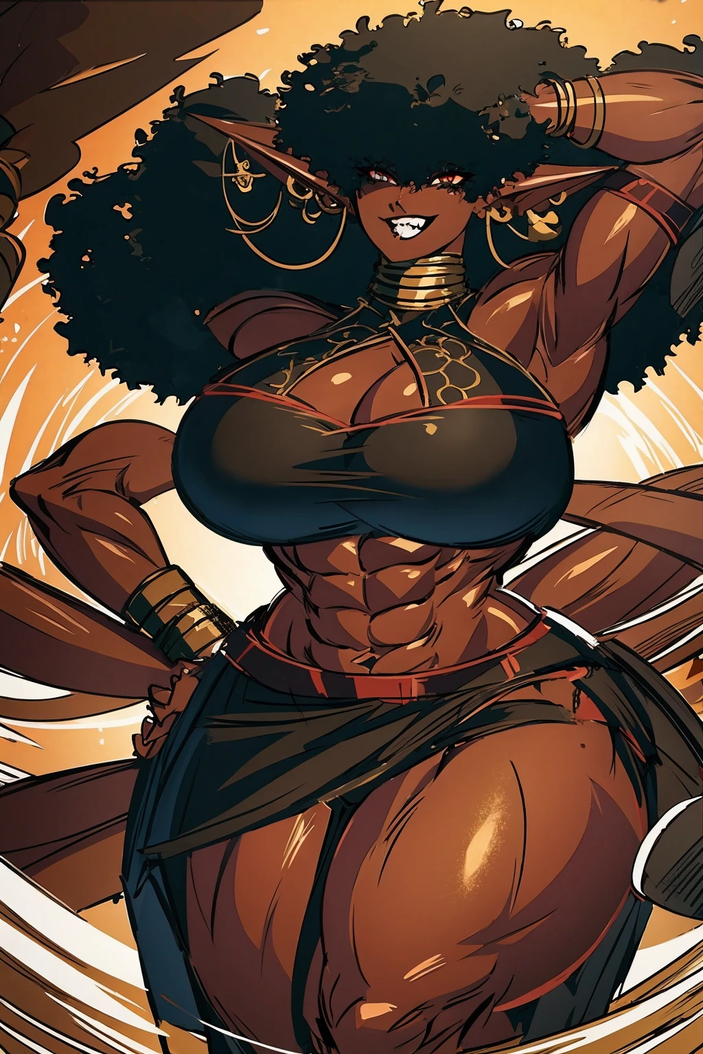 (masterpiece, best quality:1.2),1 girl, voluptuous body, full body, masterpiece, dominant pose, good anatomy, no extra limbs, big ass, thick thighs, black hair, voluminous afro, pointy ears, gold earrings, black top with red details, black skirt with red details, gold necklaces wide hips muscular female