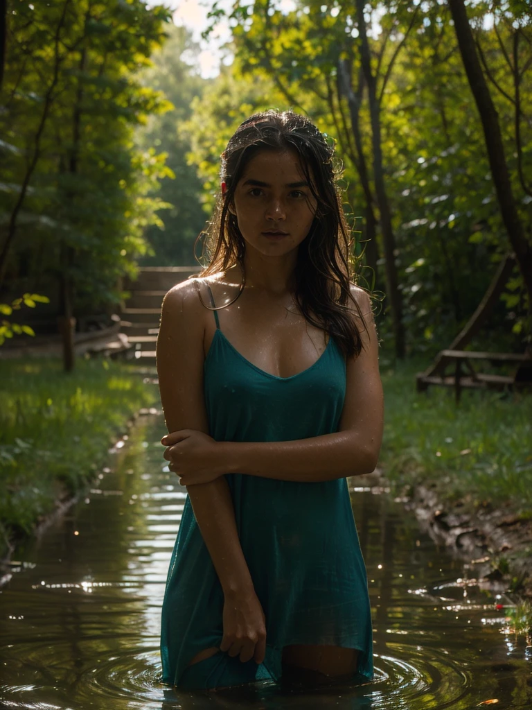 Best quality, ultra highly res, Realistic full body photography in the dark swamps from a young pretty uzbek women, floating of leaves, soaking wet and submarged with water, wearing transparent nightdress, hair blowing in the wind, sunlight exposure, dynamic shadow on the face, cinematic lighting, proportional composition, perfect face and eyes, motion blur effect, cinematic aesthetics photography inspired by annie leibovitz