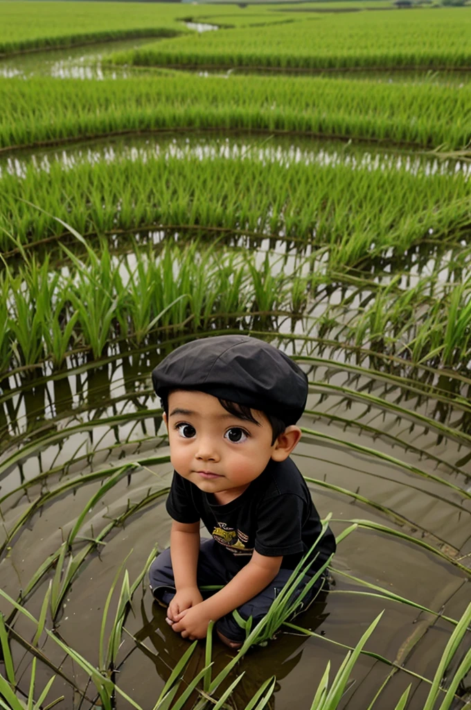 A boy hiding in paddy fields cartoon image