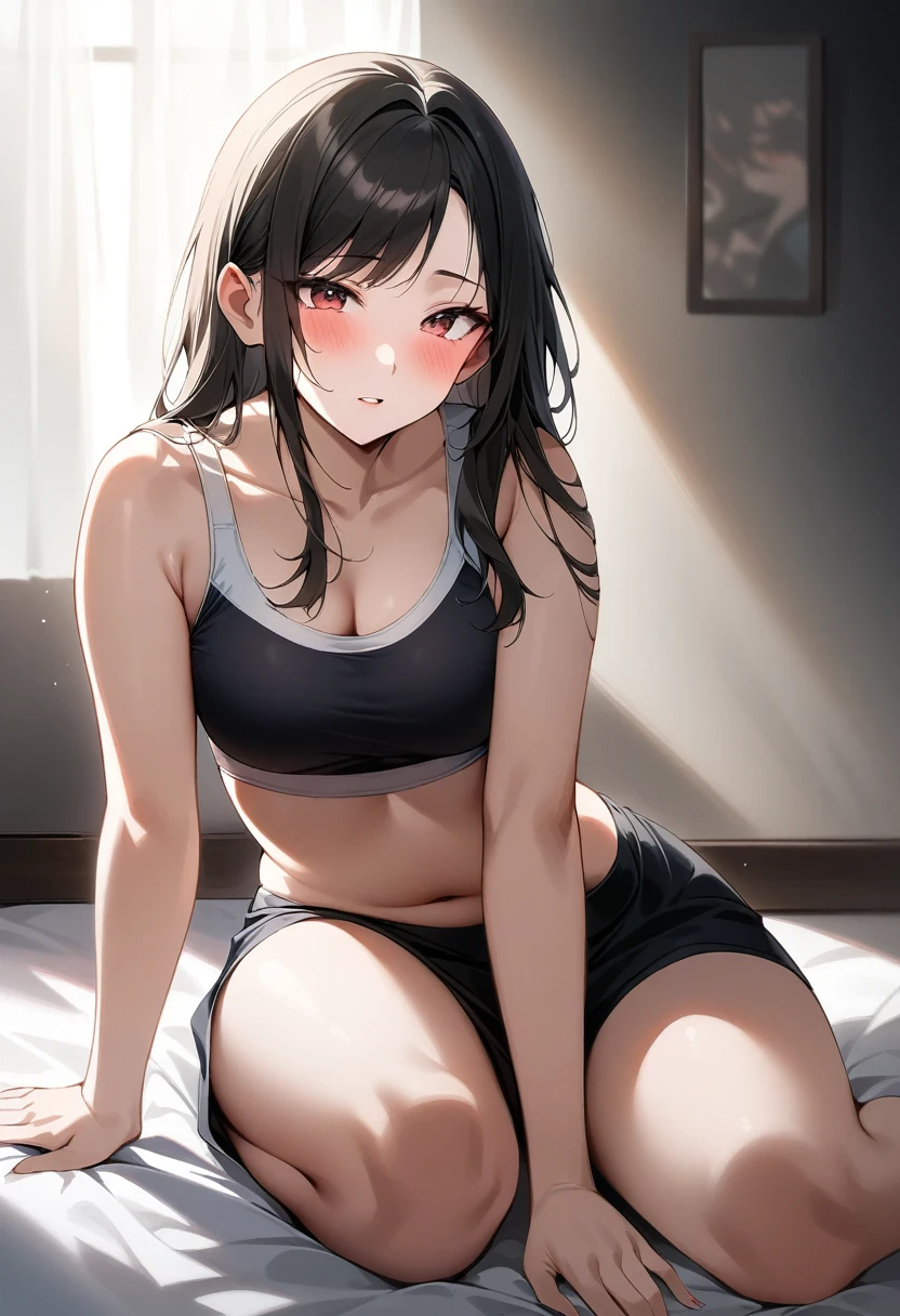 ultra Realistic photo, ((21-year-old girl wearing a training bra)), Dean Wo, (Small waist), One girl, blush, masterpiece, 最high quality, absurdes, Award-winning photograph, Attention to detail, Very complicated,, Detailed face + eye, Natural light, Realistic, Very detailed, photograph, masterpiece, high quality, high quality, High resolution, sexy, Lovely, Detailed face, whole body, Beautiful Face, Open black shirt, It gives me goosebumps, 1 only, One girl, full body,hot pants,