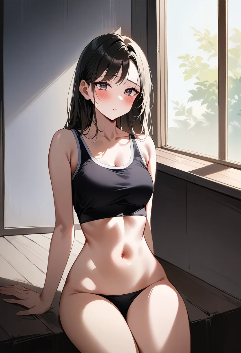 ultra Realistic photo, ((21-year-old girl wearing a training bra)), Dean Wo, (Small waist), One girl, blush, masterpiece, 最high quality, absurdes, Award-winning photograph, Attention to detail, Very complicated,, Detailed face + eye, Natural light, Realistic, Very detailed, photograph, masterpiece, high quality, high quality, High resolution, sexy, Lovely, Detailed face, whole body, Beautiful Face, Open black shirt, It gives me goosebumps, 1 only, One girl, full body,hot pants,