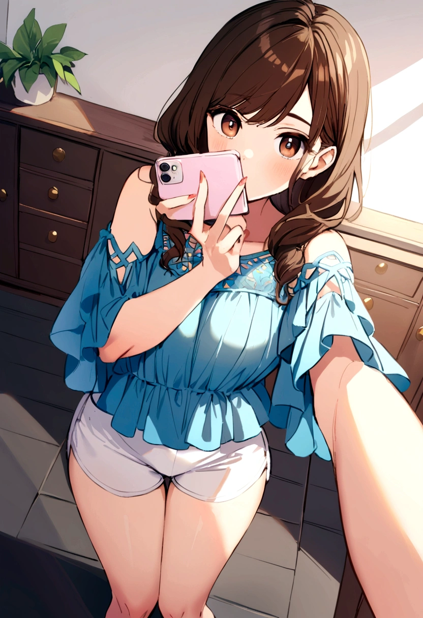 street, Anime girl takes selfie with smartphone, sexy bra, pantie, navel, huge breasts, nude,
thong, from below, spread legs, m legs,