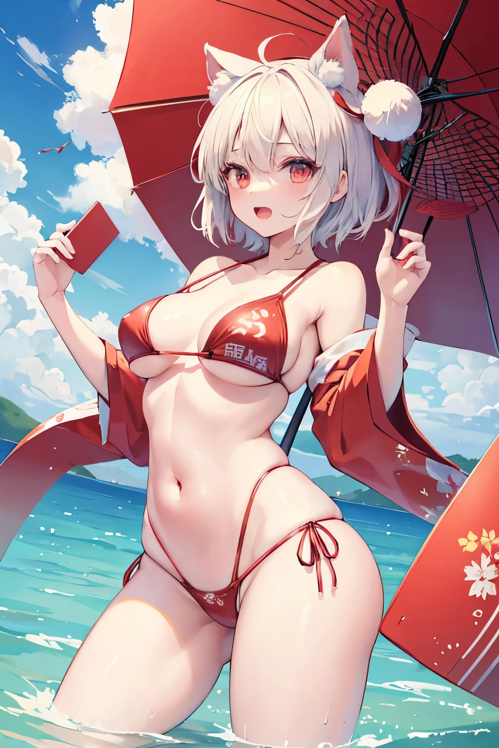 Inubashiri momiji, touhou project, center, Girls' Front, thick thighs, incredibly detailed, extremely beautiful detailed anime face and eyes, ,D, open mouth, delicate hands, medium chest circumference, swimsuit, water, absurdres, wallpaper,
