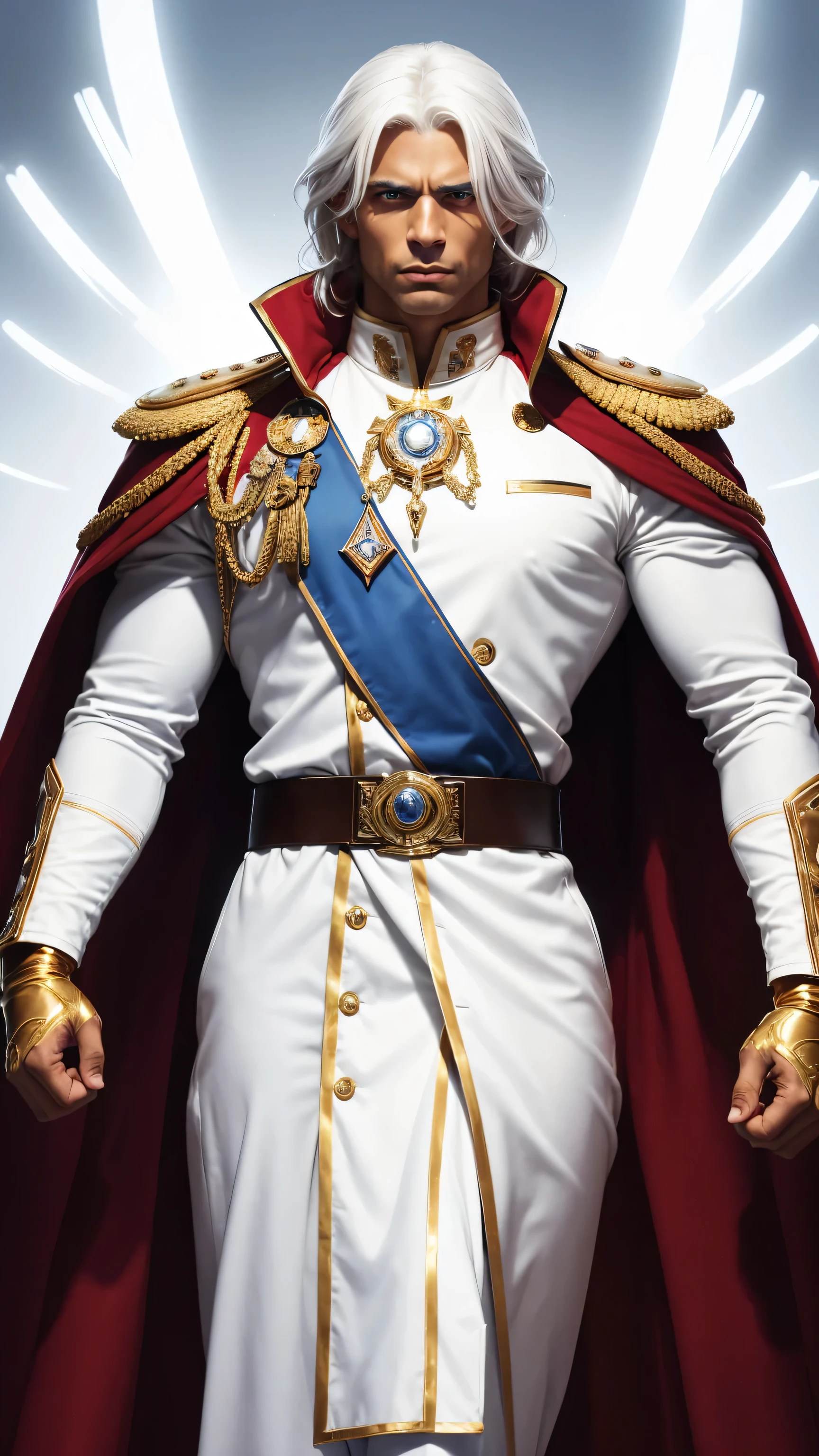 A brown-skinned man Long, straight white hair Piercing blue eyes wearing an impeccable white military uniform with gold details with a flowing red cape draping the shoulders with a golden belt at the waist with white gloves on the hands completely confident and Slightly arrogant that conveys an aura of power and authority