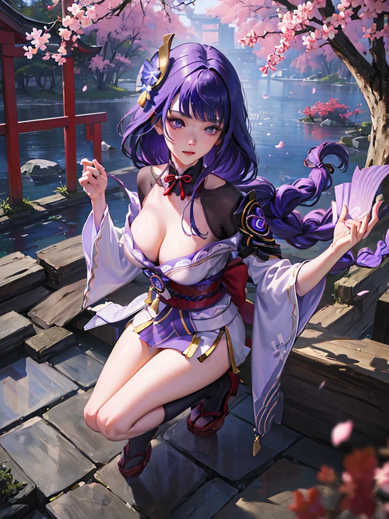 ((Full body image:1.4))Japanese Shrines, (Highest quality,Realistic,masterpiece:1.2,8k wallpaper:1.2),((Pale skin)),One Girl,women only,((raidenshogndef))((Genshin Impact,General Raiden)),Lightning Particles,Purple Lightning,Light background,cherry blossoms,Purple Theme,Delicate facial features,Sexy and beautiful anime girls,General Raiden,Long purple hair,Rosy lips,Anime Mouth,(Very sad face),large breasts, Beautiful cleavage