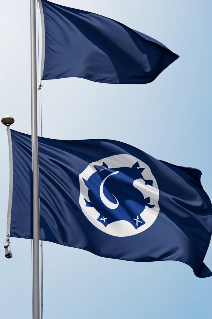 Flag for a school in midnight blue with white and institutional logo 