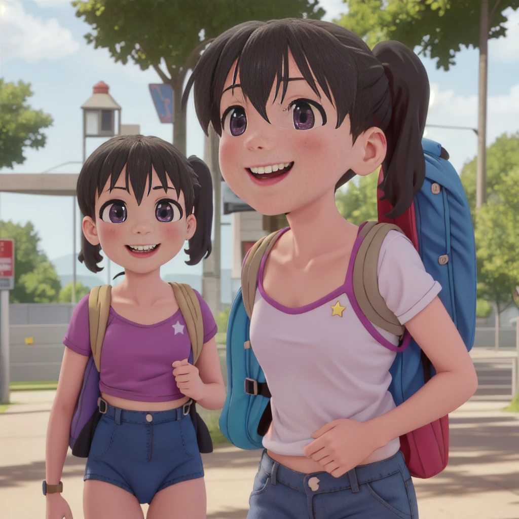 best quality, masterpiece, highres, solo, {kuraue_hinata_encouragementofclimb:1.15}, black_hair, blush, purple_eyes, twintails, bangs, closed_mouth, outdoors, hair_between_eyes, 1girl, bra, tight panties, collarbone, open_mouth, backpack, bag, short_sleeves, day, looking_at_viewer, smile, star_\(symbol\), :d