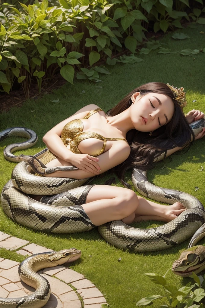 Biblical style sleeping princess lying in snake garden near
