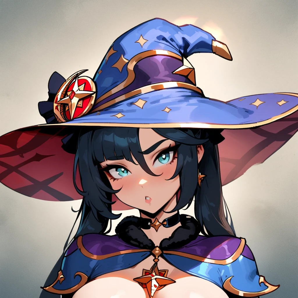 1girl, mona \(genshin impact\), genshin impact \\\\\ masterpiece, best quality, very aesthetic, absurdres, newest \\\\\\ slim body,///// ,by nyantcha,cutesexyrobutts , by khyle,,////// ,,solo,, , ,,detailed face, , ,, , , wallpaper, , beautiful face, sexy, , blush, , space background, big tits, hat, portrait