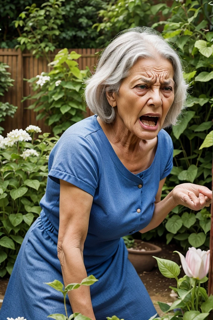Angry and sad grandmother in garden yelling