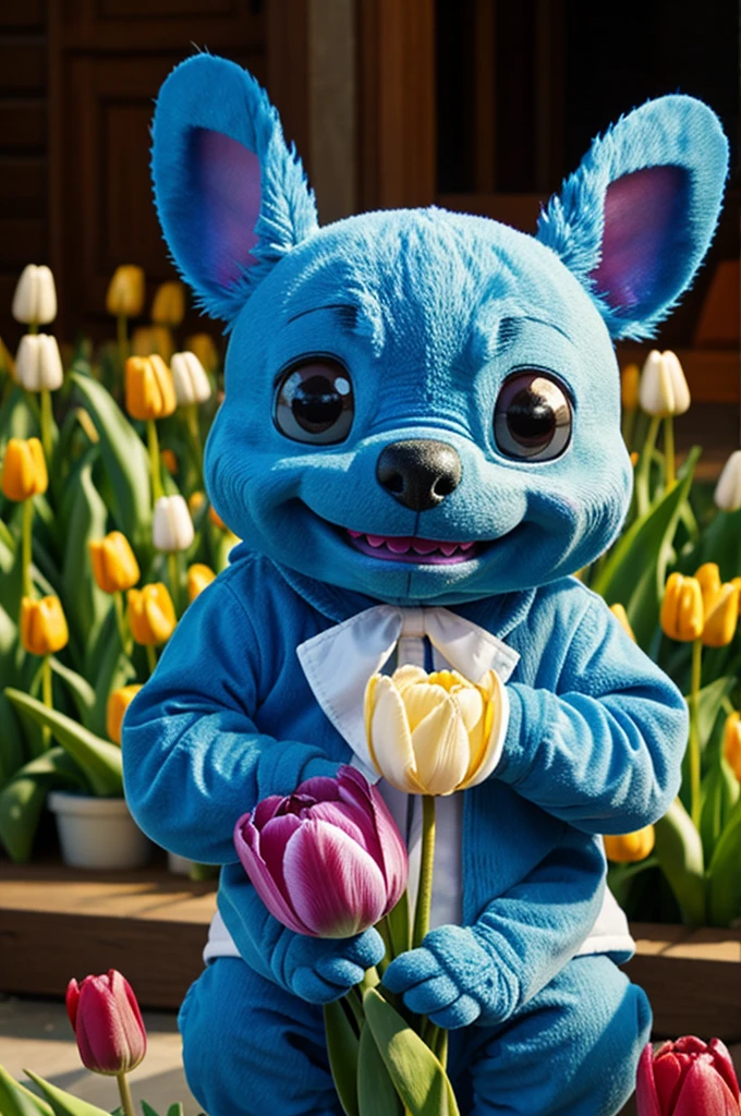 Stitch with a tulip in his hand 
