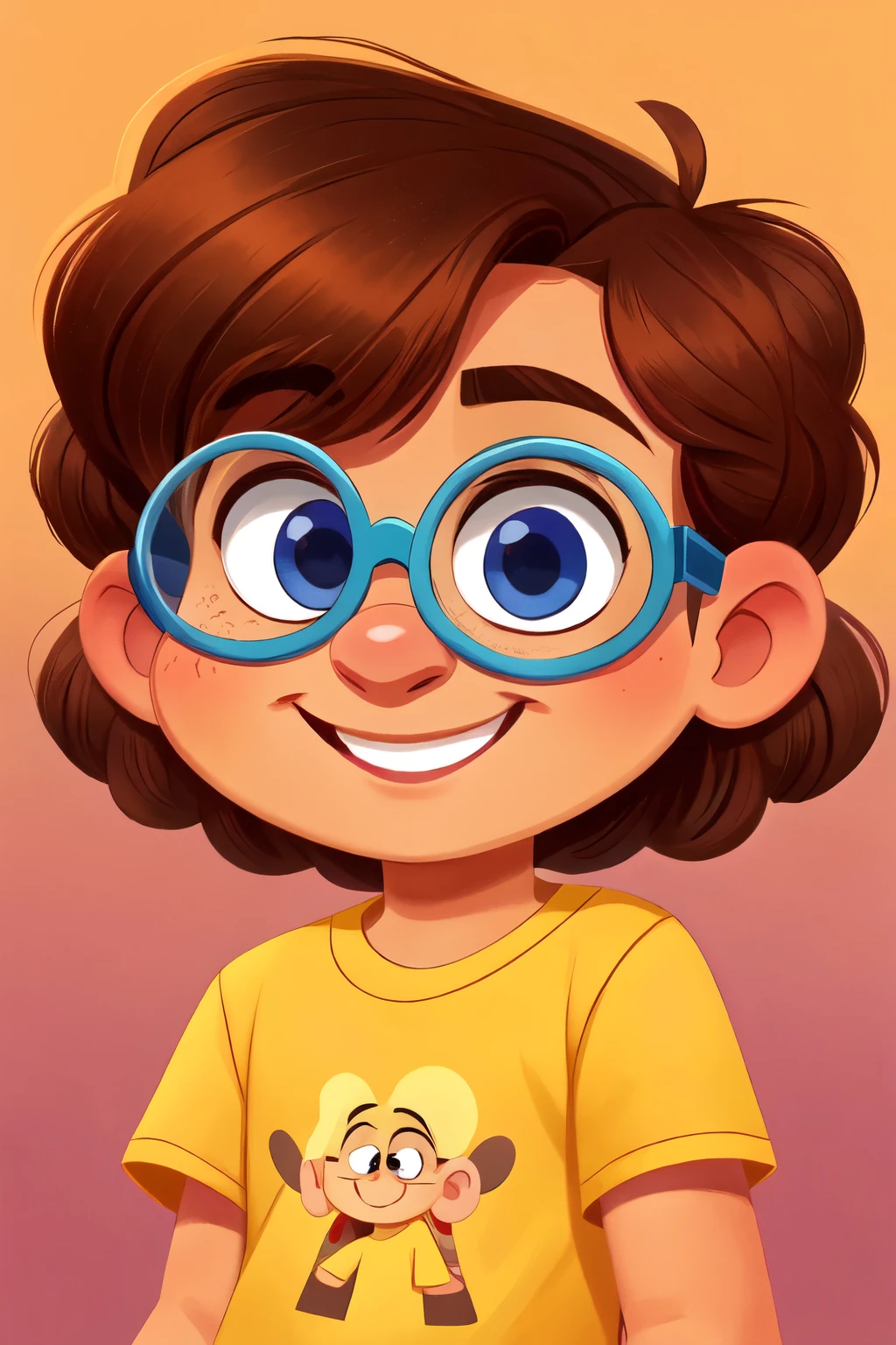 manchild, 5 years brown hair, blue glasses, large eyes, short wavy hair, smiling, disney character. brown eyes yellow t-shirt only, small nose, dimples on the cheeks
