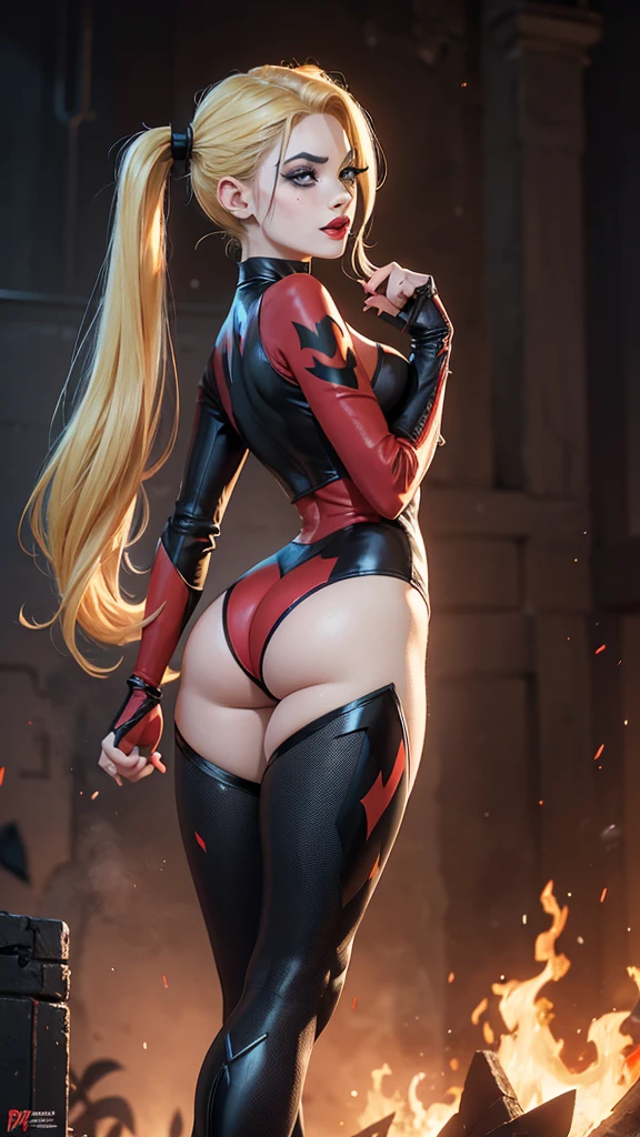 Harley Quinn, mujer sexy,dc comics,small,harlequin costume, red and black, vestida con un traje de arlequín color rojo y negro, carta de corazones rojos, carta de joker, joven, super skynny body, small and beautiful buttocks, abdomen tonificado, senos pequeños y hermosos, guantes, botas, pose sexy, malevolent, obscena, poderosa, super sensual, She is standing on the Batmobile that is on fire, Dramatic background, en el fondo esta Arkham Asylum en llamas, apocalyptic atmosphere, joker, mirada sensual, ojos azules y hermosos, classic two pigtails hairstyle,Hair dyed in bright blonde color, Best quality,4K,8K,A high resolution,Masterpiece,Ultra detailed,Realistic, Photorealistic,photo realistic