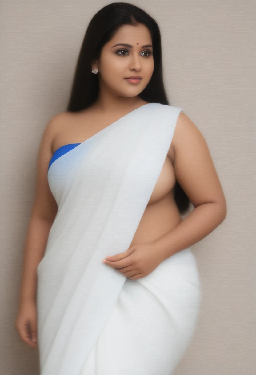 Indian bbw cute model 35 years old marriage women life like, high - resolution bbw women with a perfect figure Super fine face and eyes, slong hair, small Tank top White Colour saree, blue Colour Border Saree, Wearing a traditional saree, bulky figure, huge big extra large and , full chubby body, looking front, fair complexion, pond backgrounds. Hung breast, Plus size chubby model, 4k, 8k,.