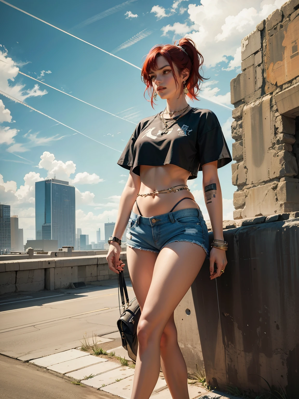 Best quality, full body portrait, delicate face, red short hair, ponytail, forehead, 18 year old girl, slim figure, huge bust, oversized crop top T-shirt, belly, small waist, crotch gap, cameltoe, low-waist shorts, string bikini bottoms, sunset bridge, scene, standing tall, long leg , necklace, rings, earrings, bracelet, watch, Nike Air Jordan, open legs