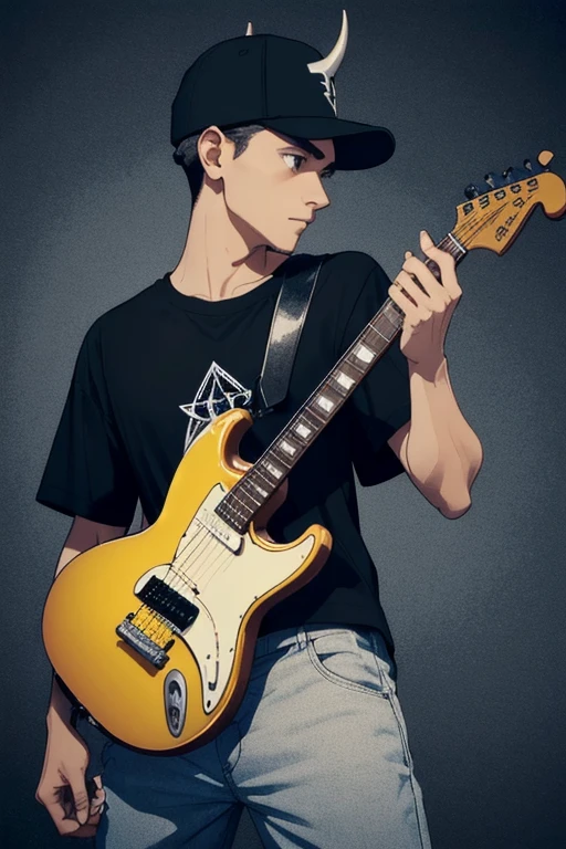 there is a man in a black cap and shirt making a horns sign with his hand, contraction serpentine / ludwig player, profile pictureture 1024px, very very low quality image, Andres Rios, profile picture, wearing a black metal band t-shirt, 23 years, around 19 years, 27 years old, avatar image