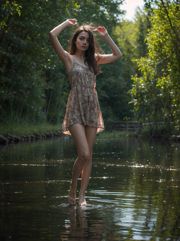 Best quality, ultra highly res, Realistic full body photography in the dark swamps from a young pretty uzbek women, floating of leaves, soaking wet and submarged with water, wearing transparent nightdress, hair blowing in the wind, sunlight exposure, dynamic shadow on the face, cinematic lighting, proportional composition, perfect face and eyes, motion blur effect, cinematic aesthetics photography inspired by annie leibovitz