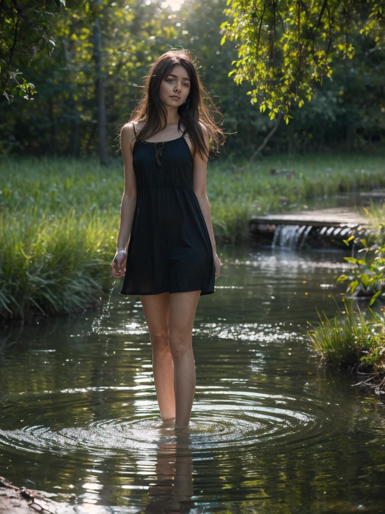 Best quality, ultra highly res, Realistic full body photography in the dark swamps from a young pretty uzbek women, floating of leaves, soaking wet and submarged with water, wearing transparent nightdress, hair blowing in the wind, sunlight exposure, dynamic shadow on the face, cinematic lighting, proportional composition, perfect face and eyes, motion blur effect, cinematic aesthetics photography inspired by annie leibovitz