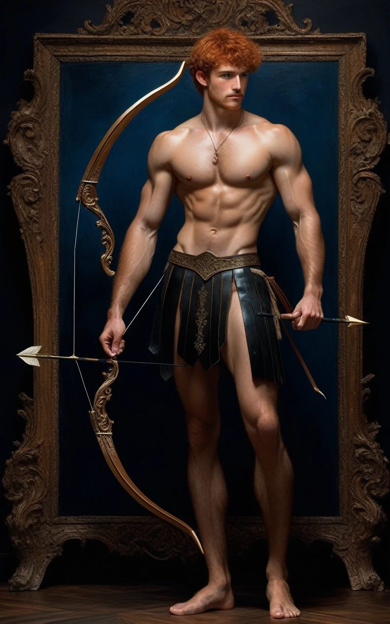 ((1 man wearing small black loincloth, standing holding an he holds a bow and arrow in a complete negative black space, smiling, focused gaze)) in henry scott tuke and Peter Paul Rubens art style, ultra detailed, ultra realistic, ambient lighting, becoming the subject composition, soft neutral colors, perfect components layout, divine proportions, wide angle, fullbody, in henry scott tuke art style, ultradetailed, ultrarealistic, 8k resolution, HD, a red head, hairy, slighly hairy body, slender, detailed eyes, detailed feet, detailed nose, detailed lips, detailed chin, detailed ears, detailed muscles, blue eyes, shirtless, barefoot, handsome, masculine, detailed feet, detailed hands, gorgeous, young man he is sad, standing next to a ultra detailed barroque chair, sad gaze masterpiece, pricewinner, madoka_magica ((background black negative space)
