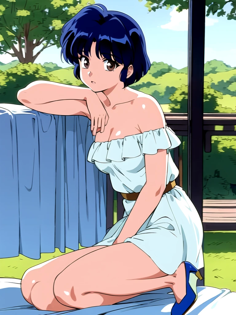 HDR, CG, sharp focus, (8k), (4k), masterpiece, best quality, detailed skin, extremely detailed, hiper detailed,  sharp focus, looking at viewer, high quality,  AKANE, Akane tendou, short hair, blue hair, brown eyes ,curtain pelvic DRESS,  tetas grandes bush, solo, 1girl, sit on bench, park background, hands on chest, heels,  white dress,
