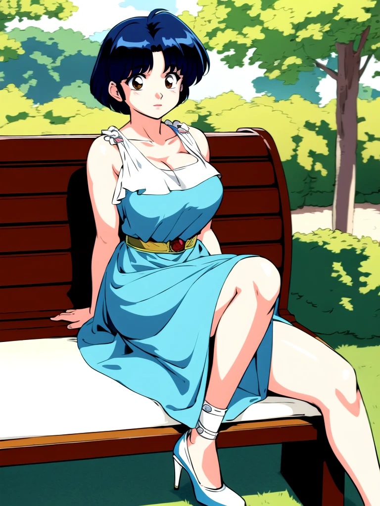 HDR, CG, sharp focus, (8k), (4k), masterpiece, best quality, detailed skin, extremely detailed, hiper detailed, sharp focus, looking at viewer, high quality, AKANE, Akane tendou, short hair, blue hair, brown eyes ,curtain pelvic DRESS, tetas grandes bush, solo, 1girl, sit on bench, park background, hands on chest, heels, white dress,