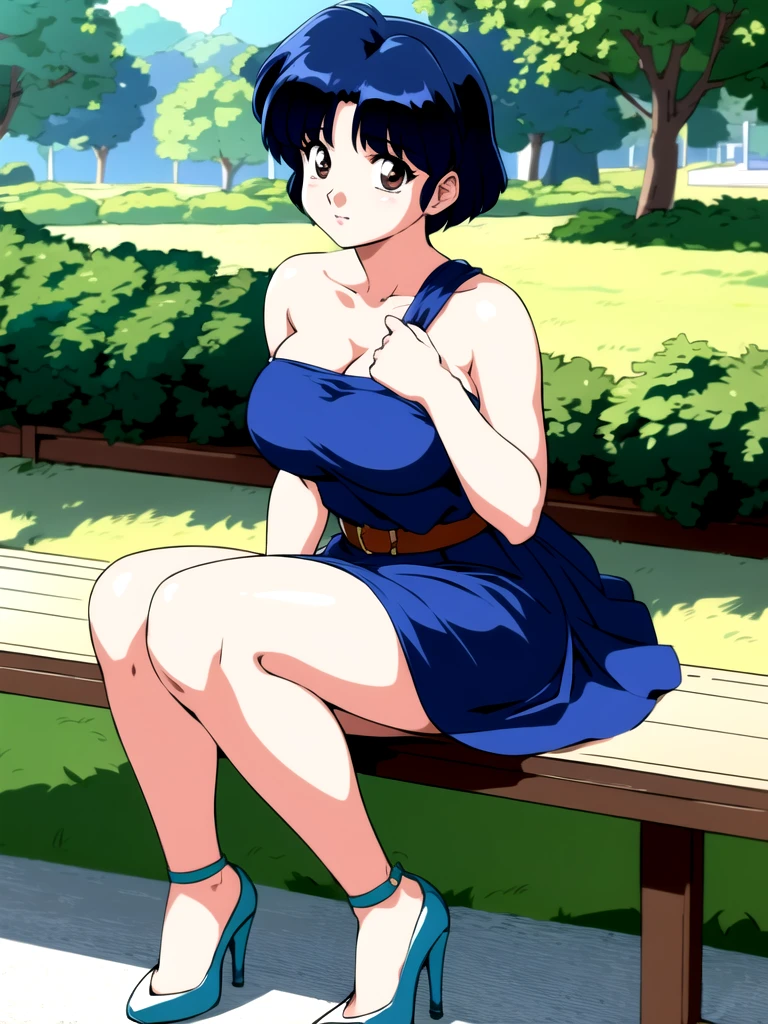 HDR, CG, sharp focus, (8k), (4k), masterpiece, best quality, detailed skin, extremely detailed, hiper detailed,  sharp focus, looking at viewer, high quality,  AKANE, Akane tendou, short hair, blue hair, brown eyes ,curtain pelvic DRESS,  tetas grandes bush, solo, 1girl, sit on bench, park background, hands on chest, heels,  white dress,
