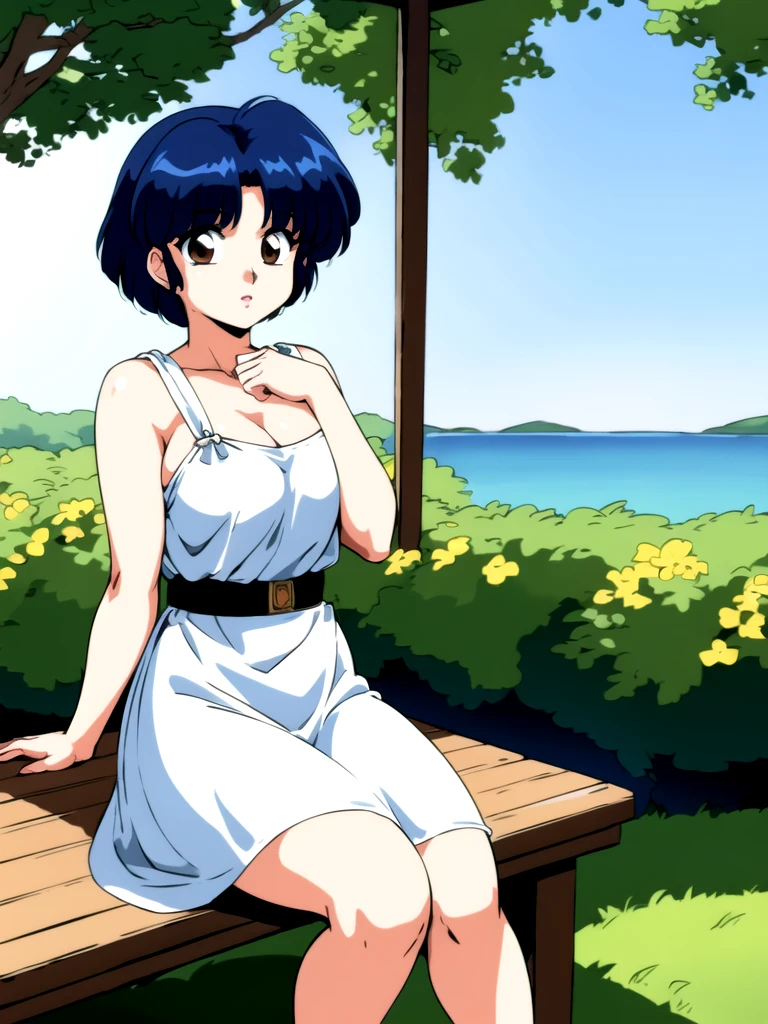 HDR, CG, sharp focus, (8k), (4k), masterpiece, best quality, detailed skin, extremely detailed, hiper detailed,  sharp focus, looking at viewer, high quality,  AKANE, Akane tendou, short hair, blue hair, brown eyes ,curtain pelvic DRESS,  tetas grandes bush, solo, 1girl, sit on bench, park background, hands on chest, heels,  white dress,
