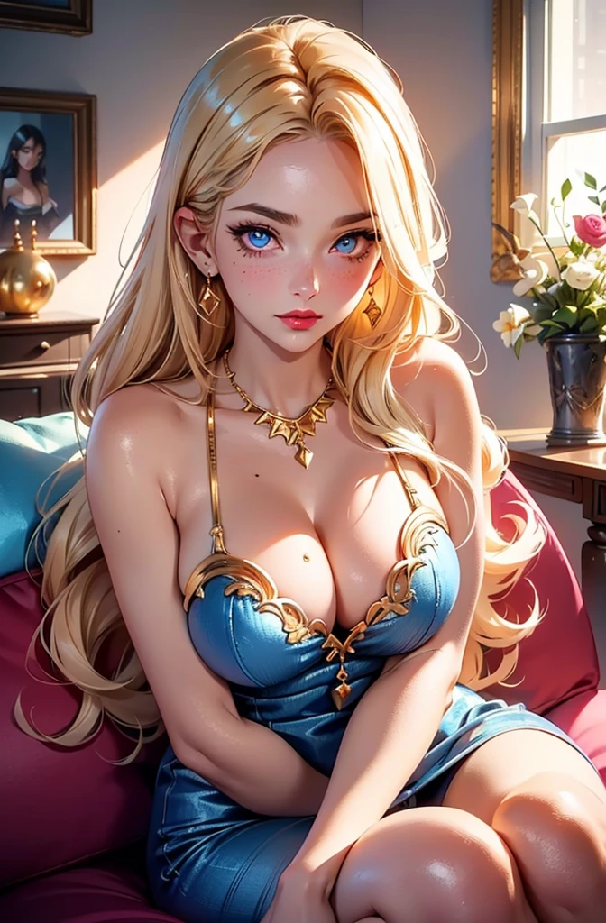 (Blonde stunning hair), (blue eyes), blue necklace, Golden earrings, Fit, Gorgeous Body, gorgeous, brown eyebrows, (two moles over lip), big pupils, (23 years old), 1girl,solo, complex skin, warm light, (large breasts), wide thighs, round butt, 5 fingers, ((blushing)), ((detailed face, best quality)), (masterpiece)), ((ultra-detailed)), (beautiful detailed eyes), red lip, eyeshadow, beautiful face, long hair, very detailed eyes, intricate details in eyes, perfect lips, good lighting, hot clothes, cleavage, five toes, in living room, pink couches, feet in camera