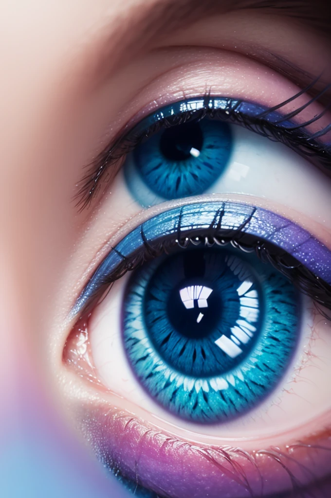 Create an image of a human eye with blue blended colors, Violette, green and pink.