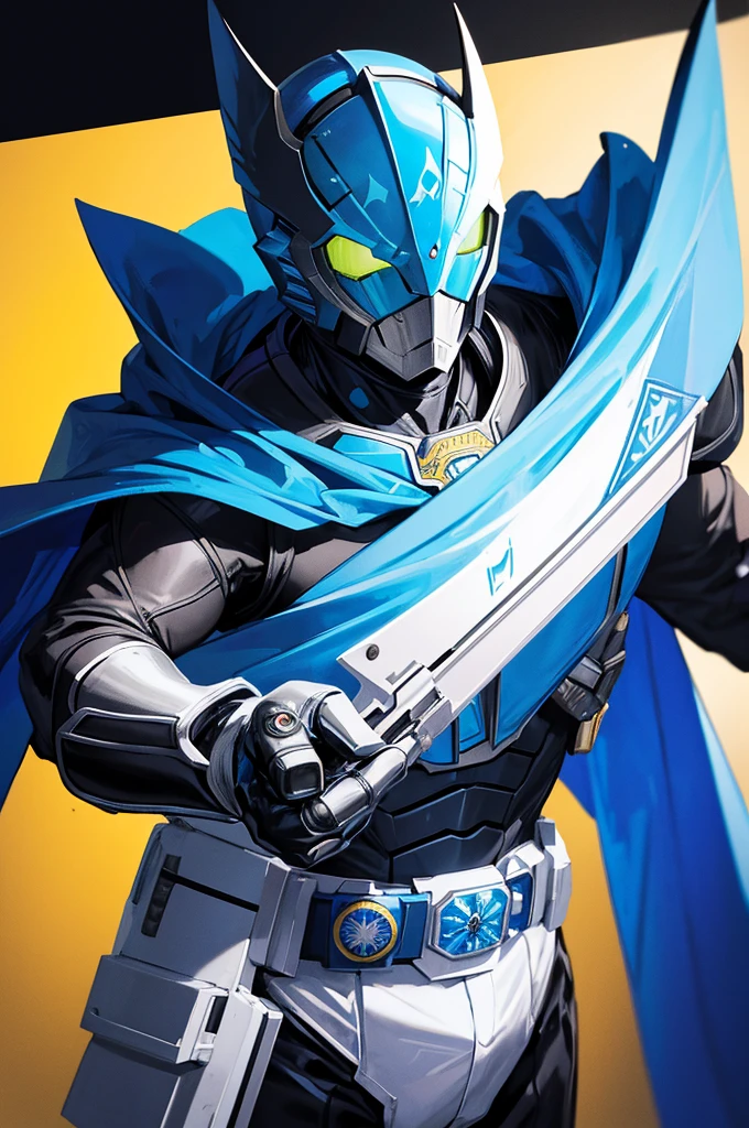 holding_handgun,knight,Blue Cape, Kamen Rider Style,fish emblem,{masterpiece},{best quality},{super detailed},{super fine illustration},coolest background,
