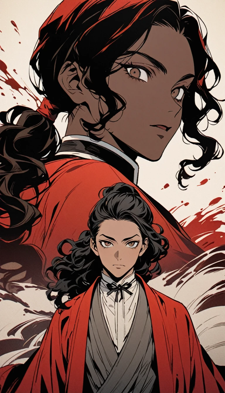 vintage style image, masterpiece showing a male character with dark skin and dark teas, with brown eyes with crystalline tones similar to blood , long wavy hair styled in a ponytail and curtain-cut bangs, with a slight similarity to Muzan kibutsuji from Demon slayer, with an artistic style similar to that of slam dunk, with classic semi-formal clothing in neutral tones as predominant and red as a secondary color,