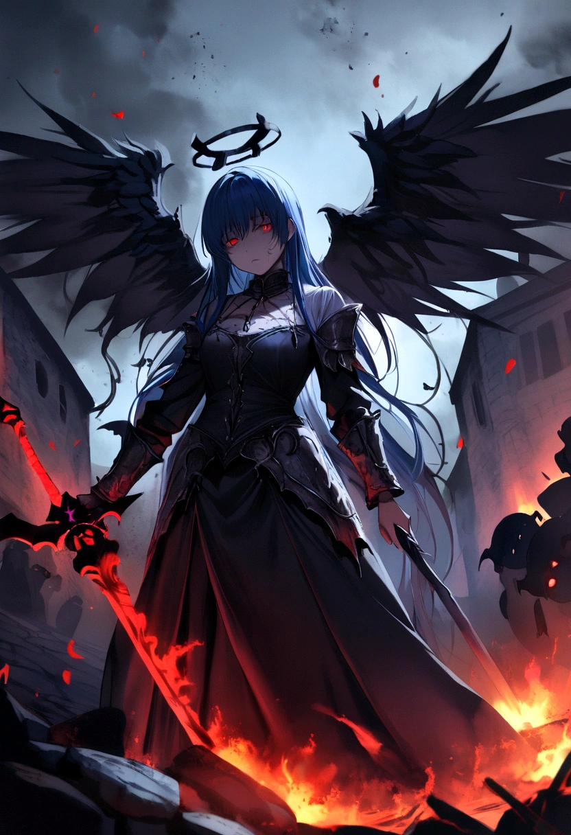 (dark,menacing:1.2),evil dark angel, (long blue hair:1.1), (red halo:1.1), (flaming sword:1.1) shaped like a cross, (dark fantasy:1.2), (red eyes:1.1), (black wings:1.1), (sinister aura:1.1), eerie atmosphere, (ominous shadows:1.1), (mysterious background:1.1), (intense lighting:1.1), (dramatic pose:1.1), medieval, soaked in blood, gore, horror