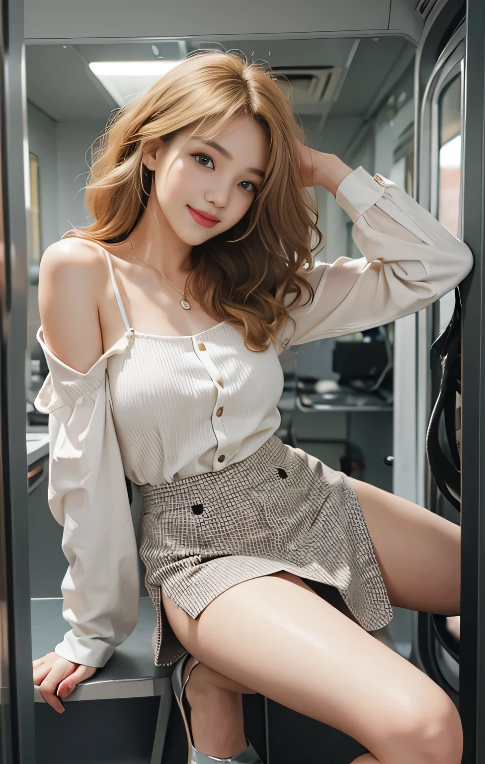 highest quality、masterpiece、Ultra-high resolution、Photorealistic、RAW Photos、1 girl、Sexy Looks、Shoulder hair、The lower half is curled and wild.、Cute Smile like a model、frontage、hair color is blonde、Red tight mini skirt、Regular high heels、Double Eyes、Applying mascara、Cute pose like a model、Cute Face、Gorgeous as a model、Ultimate beauty、Cute Smile、Bright smile、Masseter muscle area、highest quality、Office lady style mini skirt suit、Dubai's gorgeous cityscape、Very cute sexy girl、